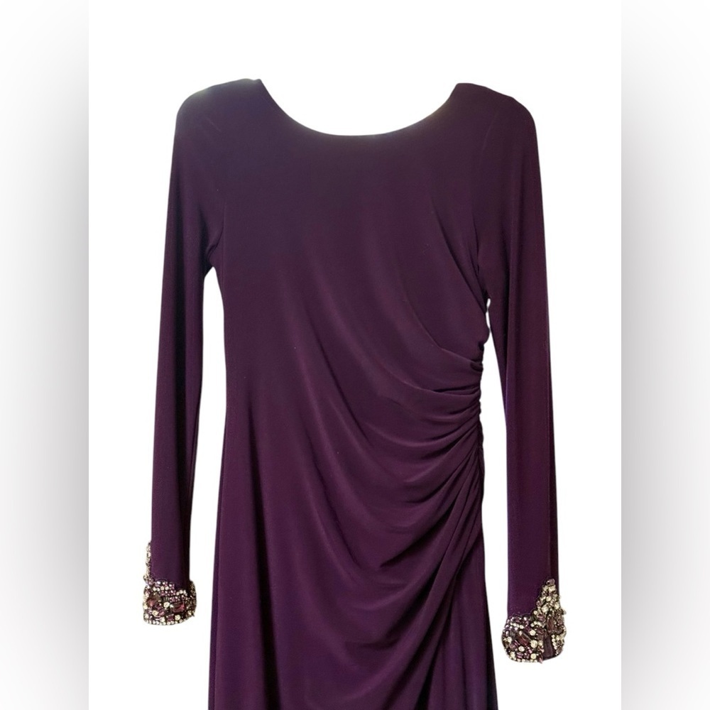 ELIZA J Women's Purple Ruched Rhinestone Cuff Long Stretch Jersey Gown Dress - Picture 2 of 8
